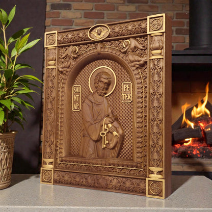 Saint Peter the Apostle Wooden Carved Handcrafted Christian Religious Icon. Byzantine Home Wall Art Decor Gift. Orthodox Greek Woodcarving Sculpture.