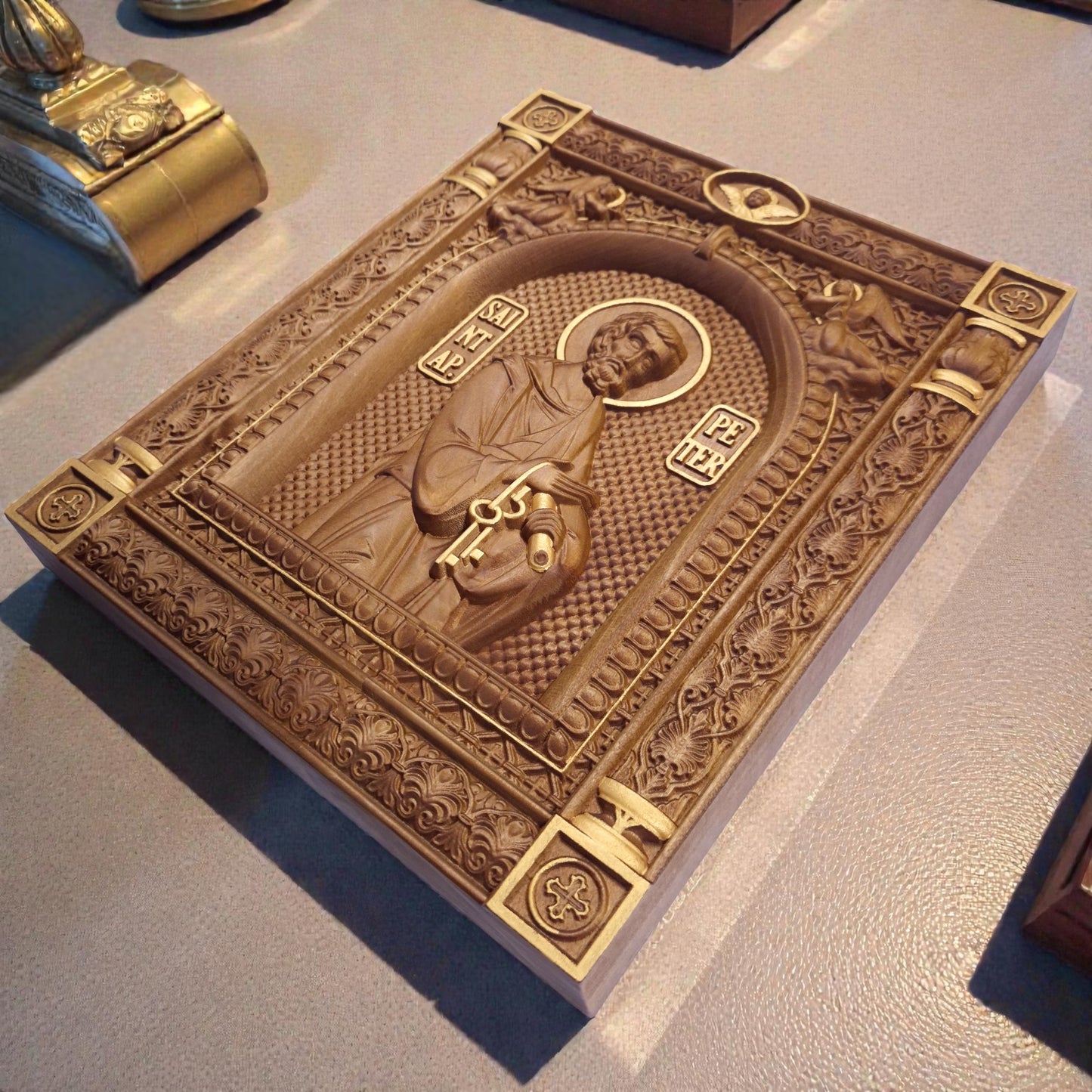 Saint Peter the Apostle Wooden Carved Handcrafted Christian Religious Icon. Byzantine Home Wall Art Decor Gift. Orthodox Greek Woodcarving Sculpture.