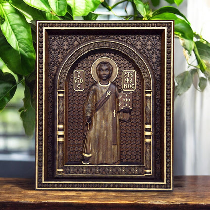 Saint Stephen Wooden Carved Handcrafted Christian Religious Icon. Byzantine Home Wall Art Decor Gift. Orthodox Greek Woodcarving Sculpture.