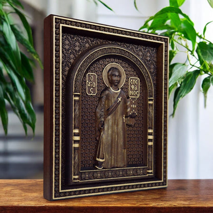 Saint Stephen Wooden Carved Handcrafted Christian Religious Icon. Byzantine Home Wall Art Decor Gift. Orthodox Greek Woodcarving Sculpture.