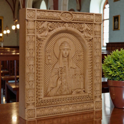 Saint Olga Wooden Carved Handcrafted Christian Religious Icon. Byzantine Home Wall Art Decor Gift. Orthodox Greek Woodcarving Sculpture.