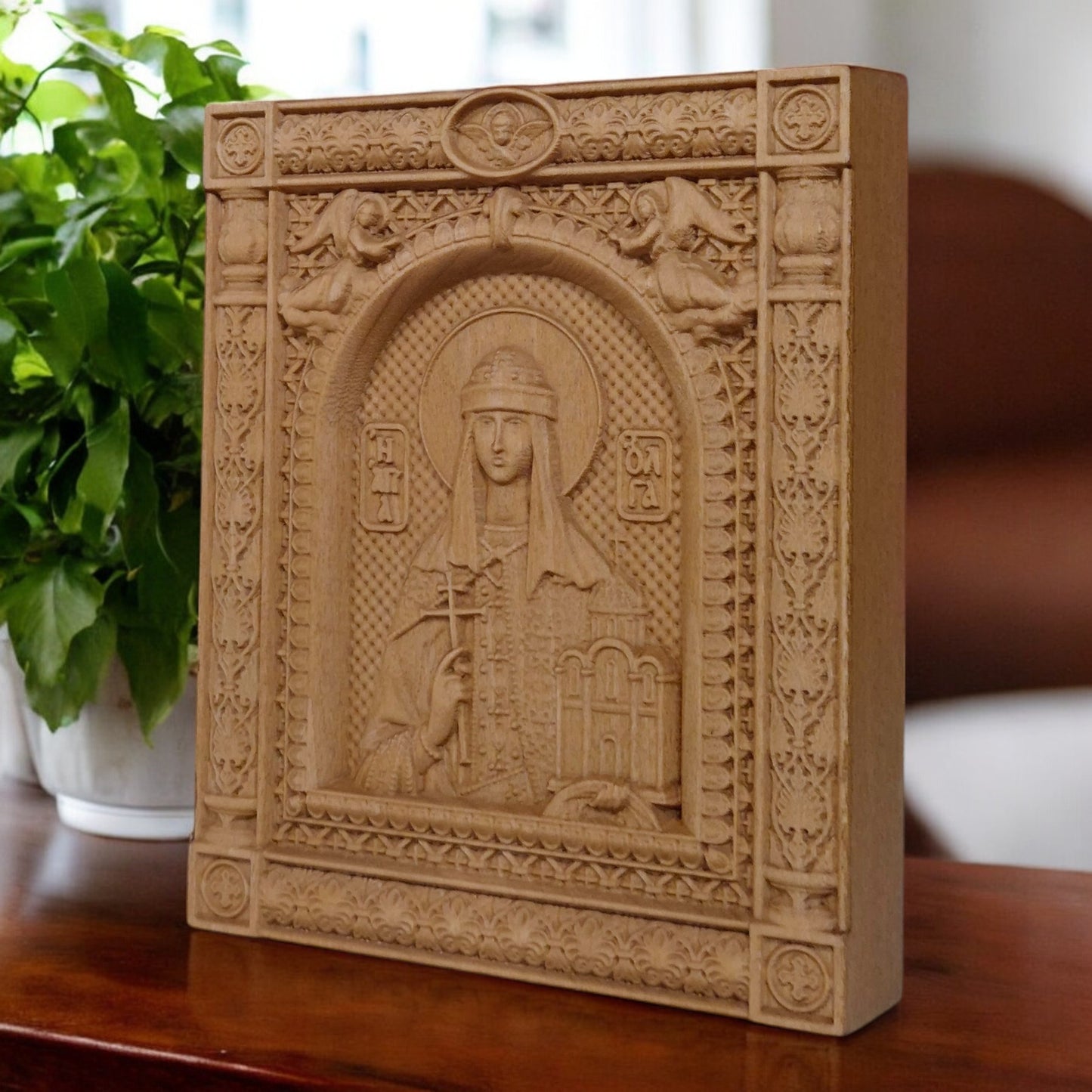 Saint Olga Wooden Carved Handcrafted Christian Religious Icon. Byzantine Home Wall Art Decor Gift. Orthodox Greek Woodcarving Sculpture.
