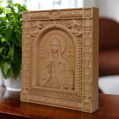 Saint Olga Wooden Carved Handcrafted Christian Religious Icon. Byzantine Home Wall Art Decor Gift. Orthodox Greek Woodcarving Sculpture.