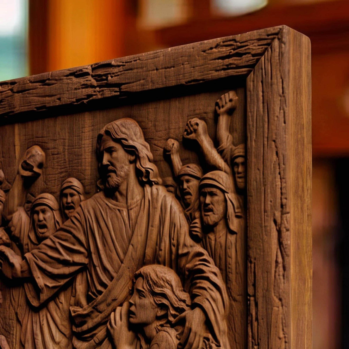 Jesus Christ Protects the Sinful Woman Wooden Carved Handmade Christian Icon  Byzantine Greek Orthodox Home Art Decor Cretan Holy Carvings