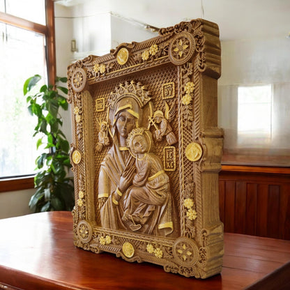 Virgin Mary of Perpetual Help Wooden Carved Handcrafted Christian Religious Icon. Byzantine Home Wall Art Decor Gift. Orthodox Greek Woodcarving Sculpture.
