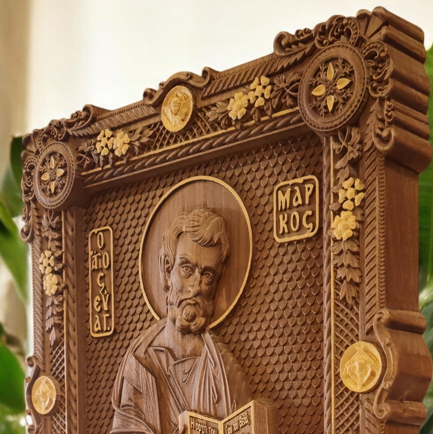Mark the Evangelist Wooden Carved Handcrafted Christian Religious Icon. Byzantine Home Wall Art Decor Gift. Orthodox Greek Woodcarving Sculpture.
