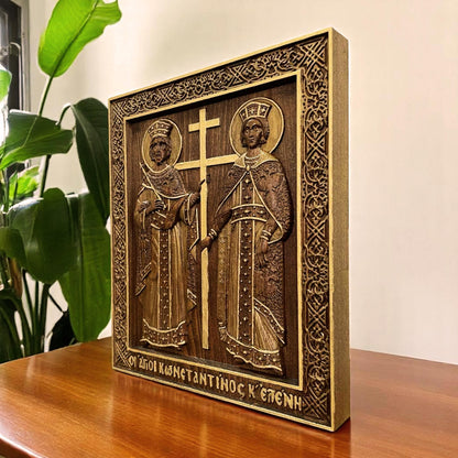 Saints Constantine and Helena Wooden Carved Handmade Christian Icon. Byzantine Greek Orthodox Home Decor.