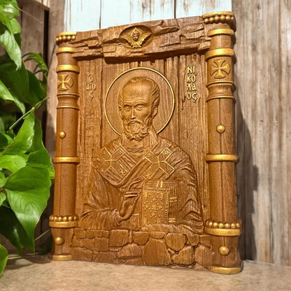 Saint Nicholas Wooden Carved Handcrafted Christian Religious Icon. Byzantine Home Wall Art Decor Gift. Orthodox Greek Woodcarving Sculpture.
