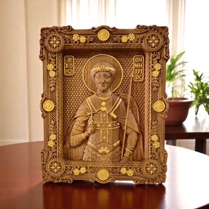 Saint Demetrius of Thessaloniki Wooden Carved Handcrafted Christian Religious Icon. Byzantine Home Wall Art Decor Gift. Orthodox Greek Woodcarving Sculpture.