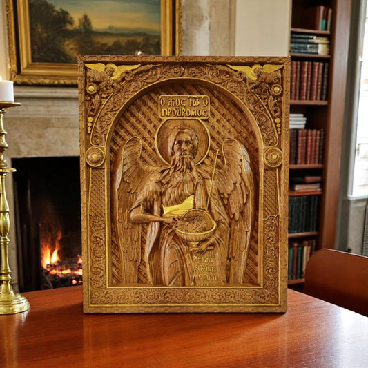Saint John the Baptist Wooden Carved Handcrafted Christian Religious Icon. Byzantine Home Wall Art Decor Gift. Orthodox Greek Woodcarving Sculpture.