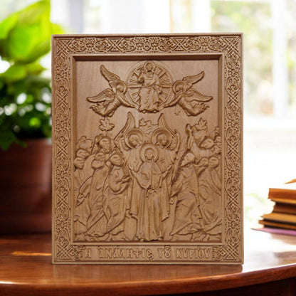 Ascension of Jesus Wooden Carved Handmade Christian Icon. Byzantine Greek Orthodox Home Art Decor.