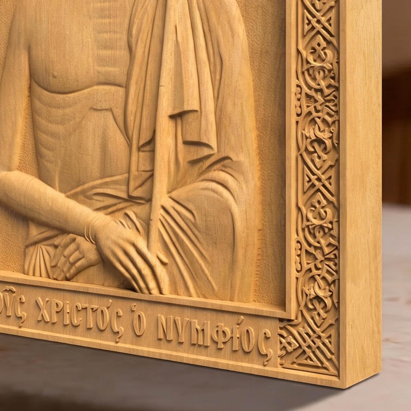 Jesus Christ Bridegroom Wooden Carved Handmade Christian Icon Right Side Natural Wood Color Cretan Holy Carvings