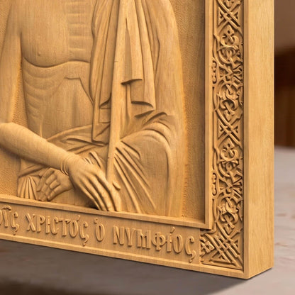 Jesus Christ Bridegroom Wooden Carved Handmade Christian Icon Right Side Natural Wood Color Cretan Holy Carvings