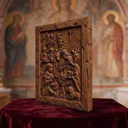 The Birth of Jesus Wooden Carved Handmade Christian Icon  Byzantine Greek Orthodox Home Decor Cretan Holy Carvings