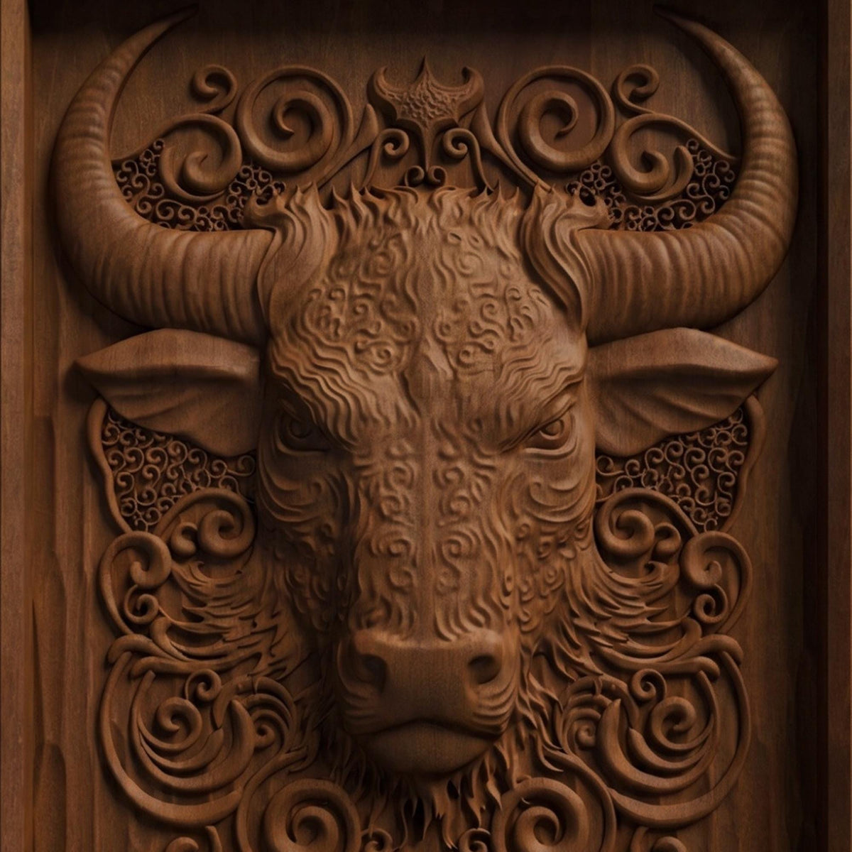 Bull Tribal Framed Bas Relief | Wooden Bull Carving | Sculptural Gift Idea