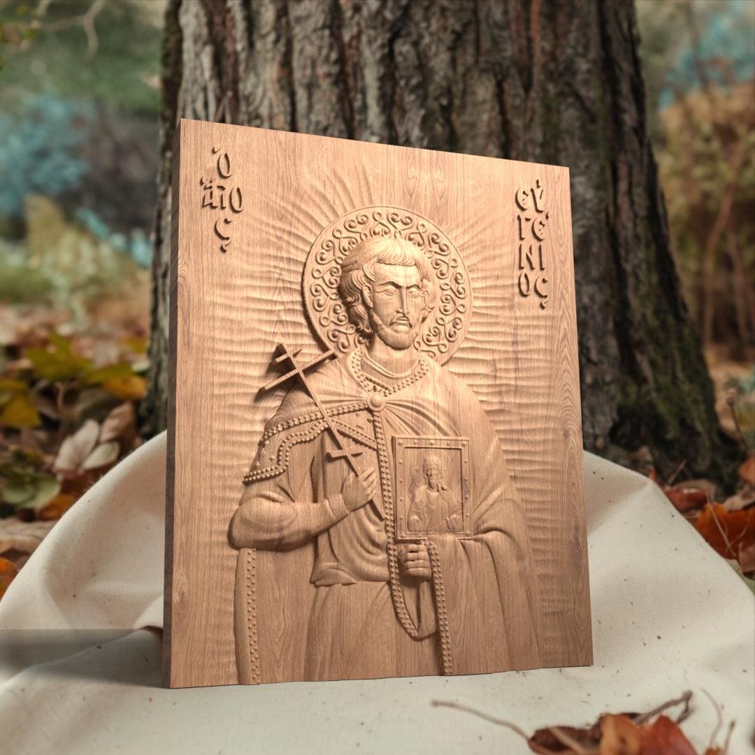 Saint Eugenios Wooden Carved Handcrafted Christian Religious Icon. Byzantine Home Wall Art Decor Gift. Orthodox Greek Woodcarving Sculpture.