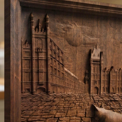 Cat Walking in the Street Framed Bas Relief | Wooden Cat Carving | Sculptural Gift Idea