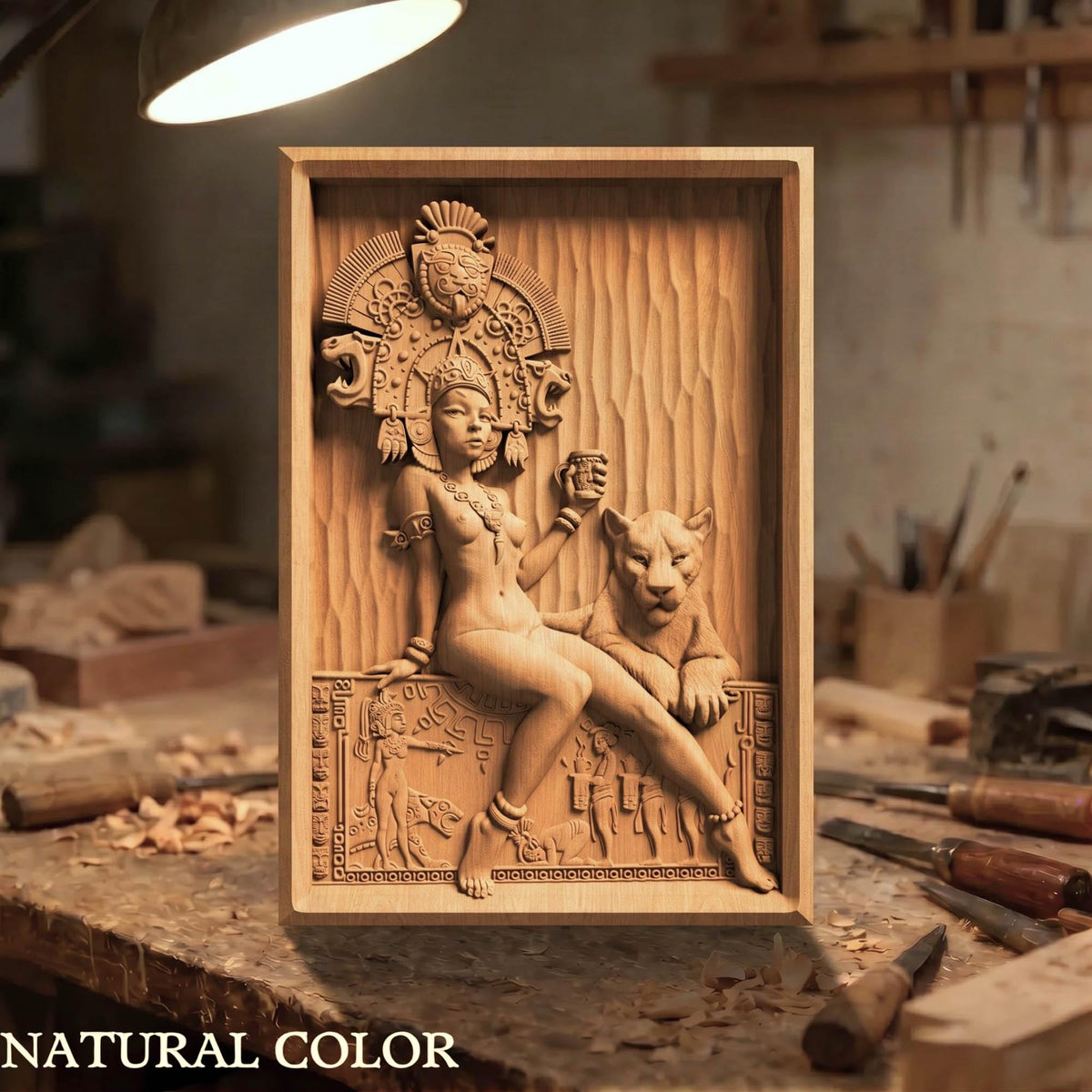 Aztec Woman Framed Bas Relief | Wooden Woman Carving | Sculptural Gift Idea