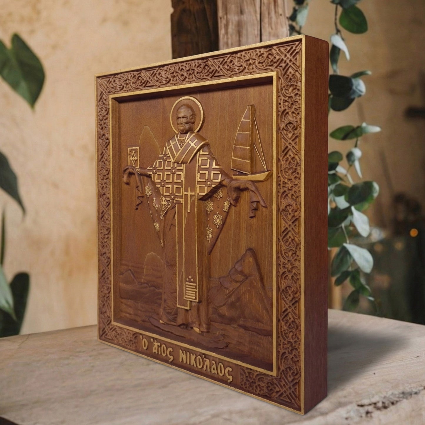 Saint Nicholas Wooden Carved Handcrafted Christian Religious Icon. Byzantine Home Wall Art Decor Gift. Orthodox Greek Woodcarving Sculpture.