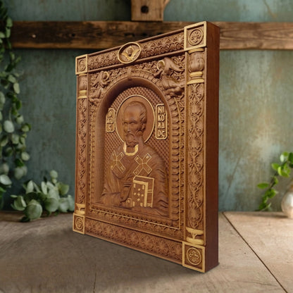 Saint Nicholas Wooden Carved Handcrafted Christian Religious Icon. Byzantine Home Wall Art Decor Gift. Orthodox Greek Woodcarving Sculpture.