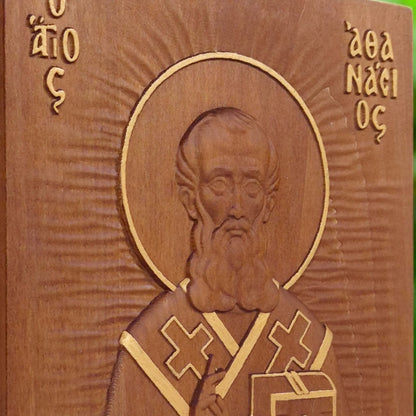 Saint Athanasius of Alexandria Wooden Carved Handcrafted Christian Religious Icon. Byzantine Home Wall Art Decor Gift. Orthodox Greek Woodcarving Sculpture.