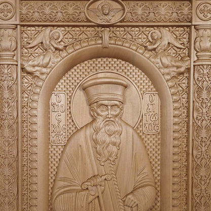Saint Kosmas the Aetolian Wooden Carved Handcrafted Christian Religious Icon. Byzantine Home Wall Art Decor Gift. Orthodox Greek Woodcarving Sculpture.