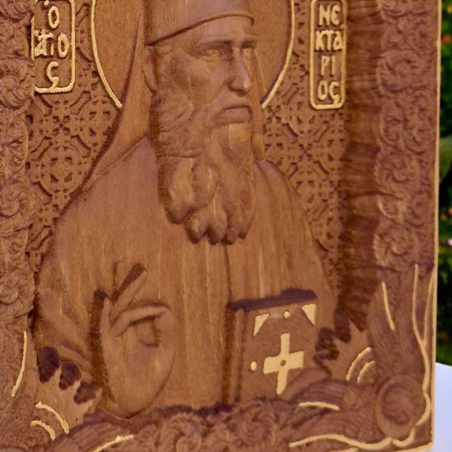 Saint Nectarios of Aegina Wooden Carved Handcrafted Christian Religious Icon. Byzantine Home Wall Art Decor Gift. Orthodox Greek Woodcarving Sculpture.