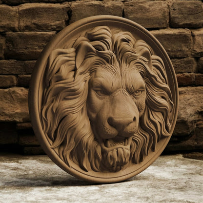 Lion Head in Plate Handmade Wooden Carving. Home Gift Wall Art Nature Decor.