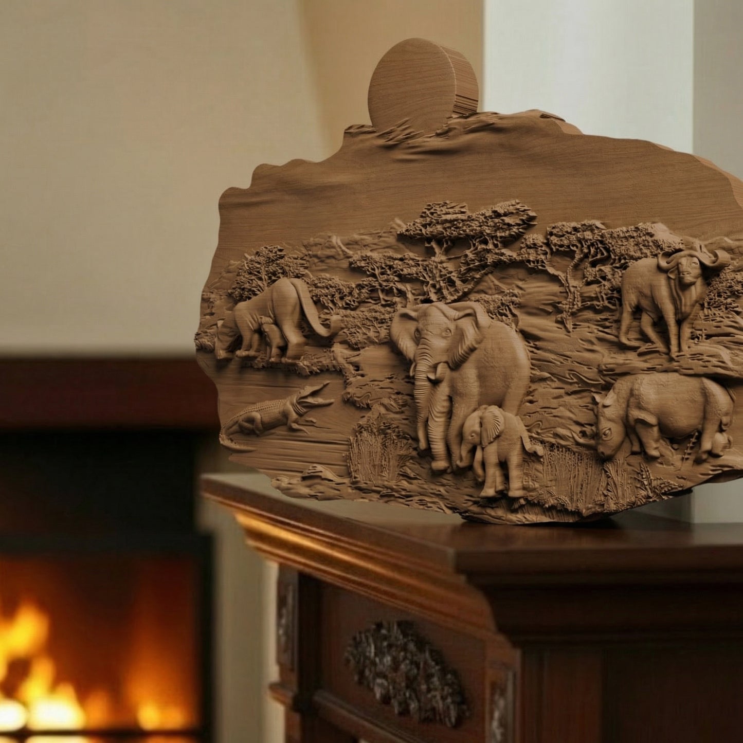 African Nature Scene Handmade Wooden Carving. Home Gift Wall Art Decor.