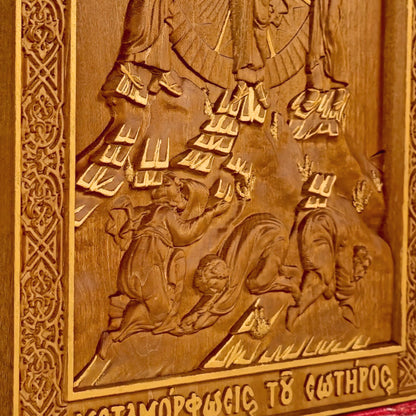 Transfiguration of Jesus Wooden Carved Handcrafted Christian Religious Icon. Byzantine Home Wall Art Decor Gift. Orthodox Greek Woodcarving Sculpture.