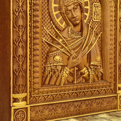 Virgin Mary of the Seven Swords Wooden Carved Handcrafted Christian Religious Icon. Byzantine Home Wall Art Decor Gift. Orthodox Greek Woodcarving Sculpture.