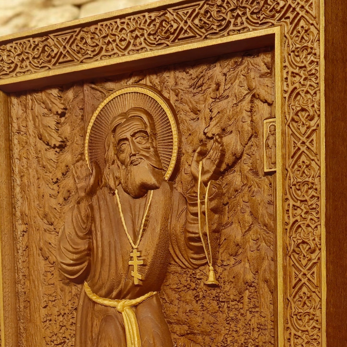 Saint Seraphim of Sarov Wooden Carved Handcrafted Christian Religious Icon. Byzantine Home Wall Art Decor Gift. Orthodox Greek Woodcarving Sculpture.