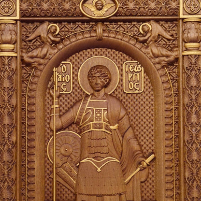 Saint George Wooden Carved Handcrafted Christian Religious Icon. Byzantine Home Wall Art Decor Gift. Orthodox Greek Woodcarving Sculpture.
