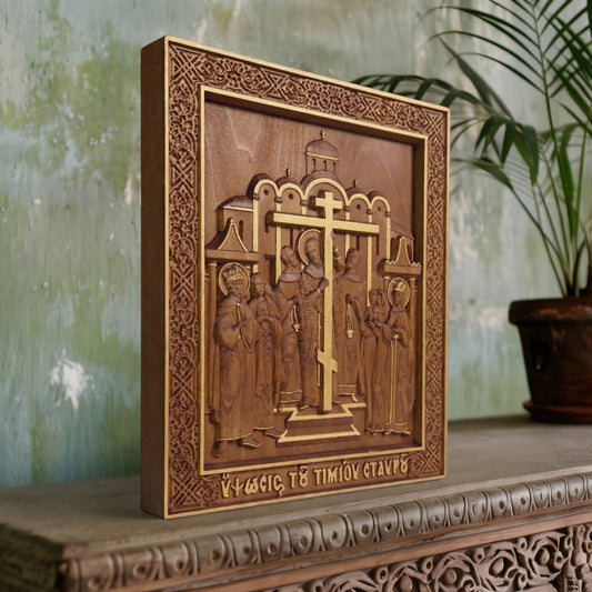 The Elevation of the Holy Cross Wooden Carved Handcrafted Christian Religious Icon. Byzantine Home Wall Art Decor Gift. Orthodox Greek Woodcarving Sculpture.