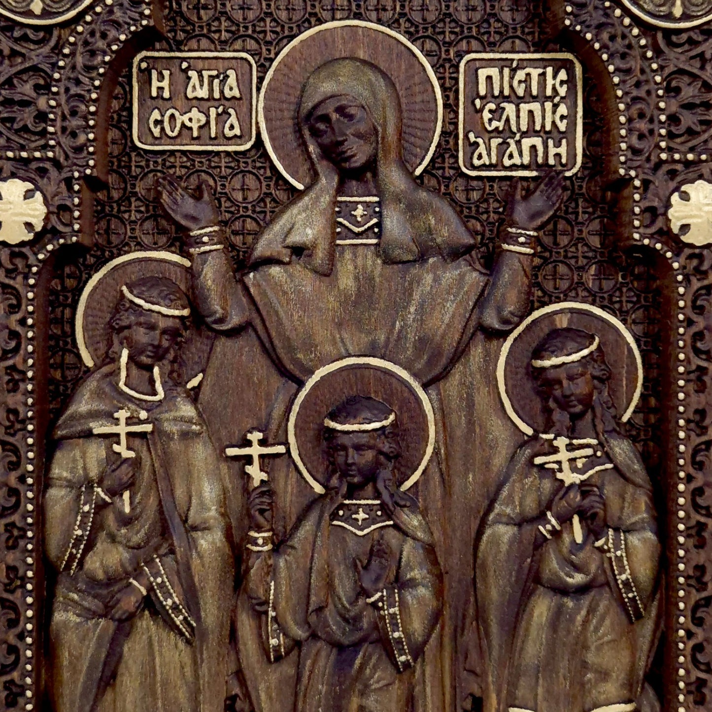 Saints Sophia Faith Hope Love Wooden Carved Handcrafted Christian Religious Icon. Byzantine Home Wall Art Decor Gift. Orthodox Greek Woodcarving Sculpture.