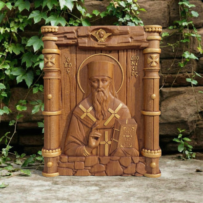 Saint Dionysios of Zakynthos Wooden Carved Handcrafted Christian Religious Icon. Byzantine Home Wall Art Decor Gift. Orthodox Greek Woodcarving Sculpture.