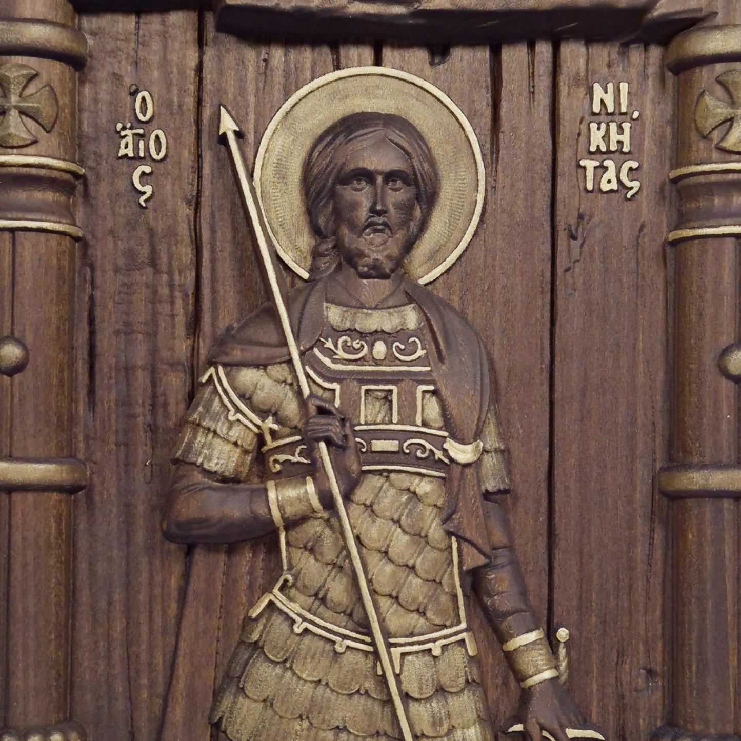 Saint Nikitas Wooden Carved Handcrafted Christian Religious Icon. Byzantine Home Wall Art Decor Gift. Orthodox Greek Woodcarving Sculpture.