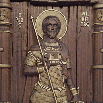 Saint Nikitas Wooden Carved Handcrafted Christian Religious Icon. Byzantine Home Wall Art Decor Gift. Orthodox Greek Woodcarving Sculpture.
