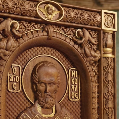 Saint Nicholas Wooden Carved Handmade Christian Icon. Byzantine Greek Orthodox Home Art Decor.