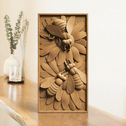 Bees Panel Handmade Wooden Carving. Home Gift Wall Art Nature Decor.