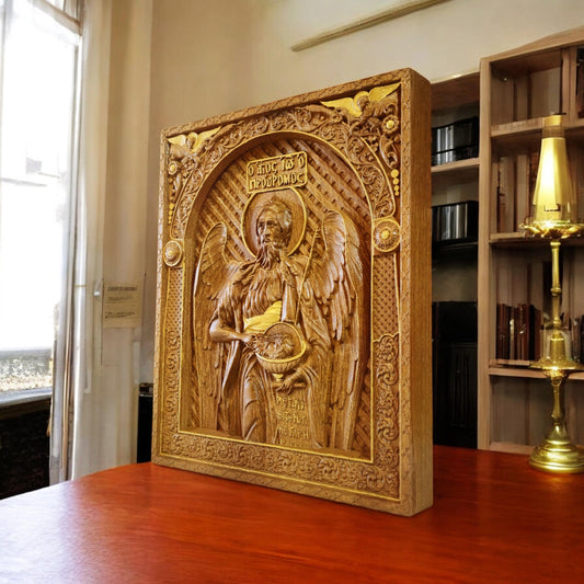 Saint John the Baptist Wooden Carved Handcrafted Christian Religious Icon. Byzantine Home Wall Art Decor Gift. Orthodox Greek Woodcarving Sculpture.