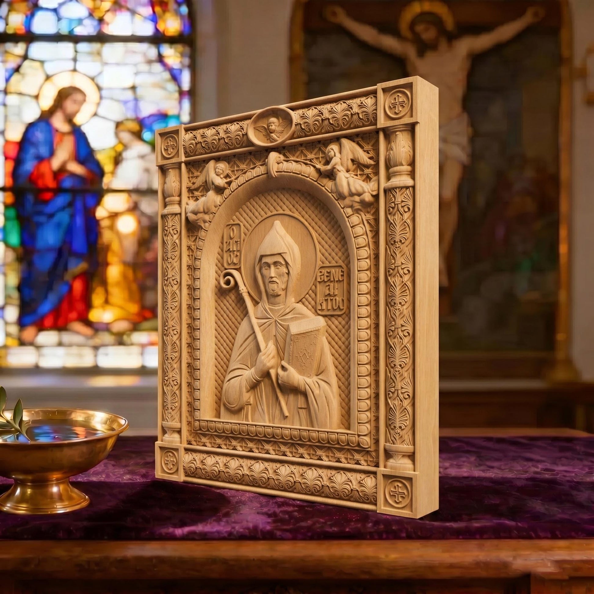 Saint Benedict Patron Saint of Europe Wooden Carved Handmade Christian Icon | Byzantine Greek Orthodox Home Art Decor