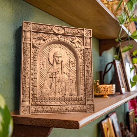 Saint Olga Wooden Carved Handcrafted Christian Religious Icon. Byzantine Home Wall Art Decor Gift. Orthodox Greek Woodcarving Sculpture.