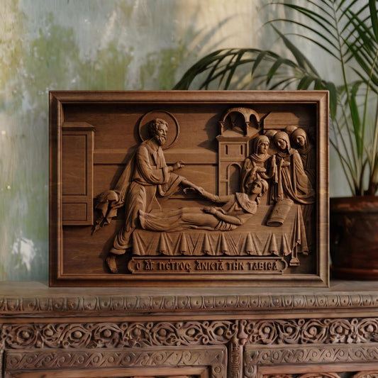 Apostle Peter Raising Tabitha Wooden Carved Handmade Christian Icon | Byzantine Greek Orthodox Home Art Decor Cretan Holy Carvings