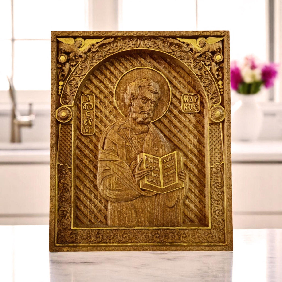 Mark the Evangelist Wooden Carved Handmade Christian Icon. Byzantine Greek Orthodox Home Art Decor.