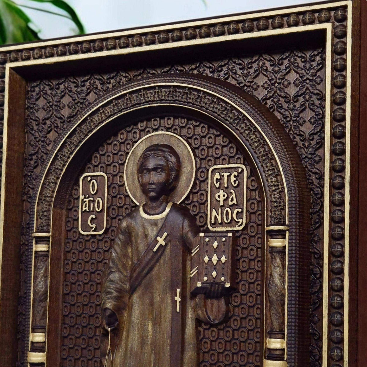 Saint Stephen Wooden Carved Handmade Christian Icon. Byzantine Greek Orthodox Home Art Decor.