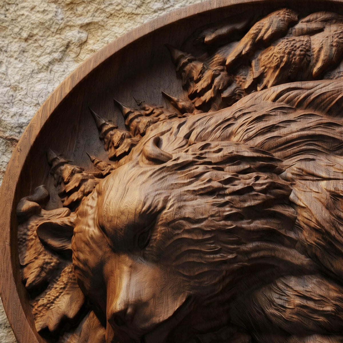 Bear in Plate Framed Bas Relief | Wooden Bear Carving | Sculptural Gift Idea