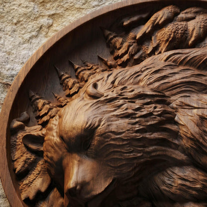 Bear in Plate Framed Bas Relief | Wooden Bear Carving | Sculptural Gift Idea