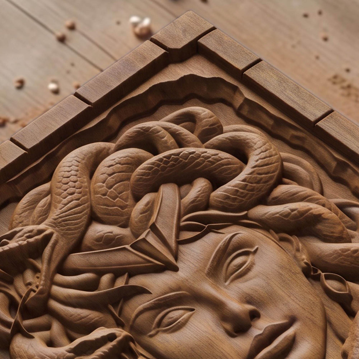 Beautiful Medusa from Ancient Greek Mythology 3D Wooden Bas Relief Panel Art Sculptural Gift Idea Cretan Holy Carvings
