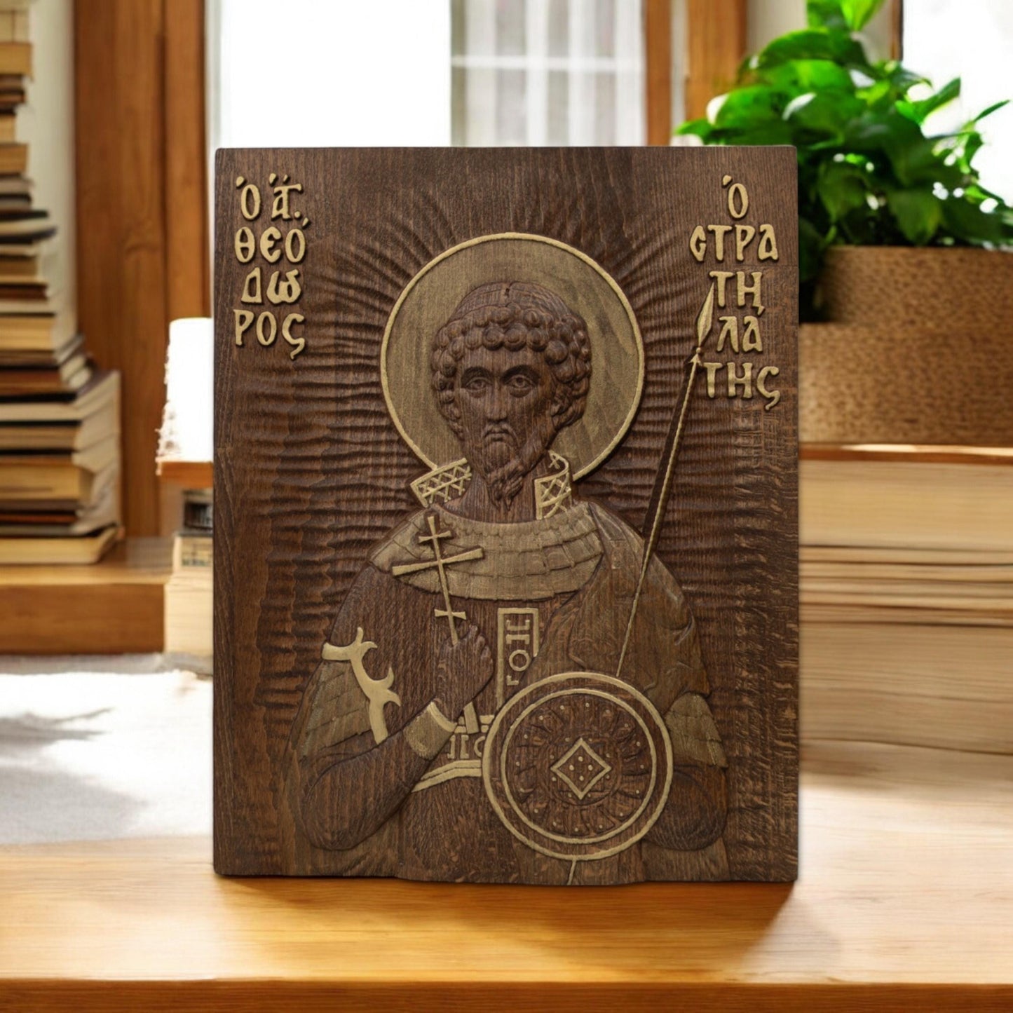 Saint Theodore Stratelates Wooden Carved Handcrafted Christian Religious Icon. Byzantine Home Wall Art Decor Gift. Orthodox Greek Woodcarving Sculpture.